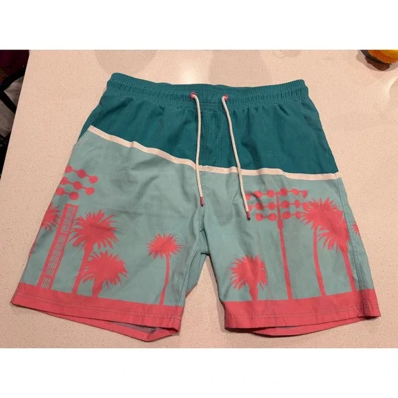 Routine Baseball Men's Swim Trunks XL Teal Pink Palm Tree Print Elastic Waist - Picture 1 of 4